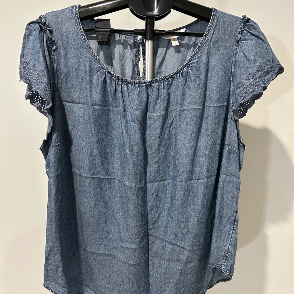 LC Lauren Conrad Denim-like Blue Puff Sleeve Blouse